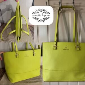 NANETTE LEPORE Bright Lime Tote Purse, Dual Straps, Pebbled Leather